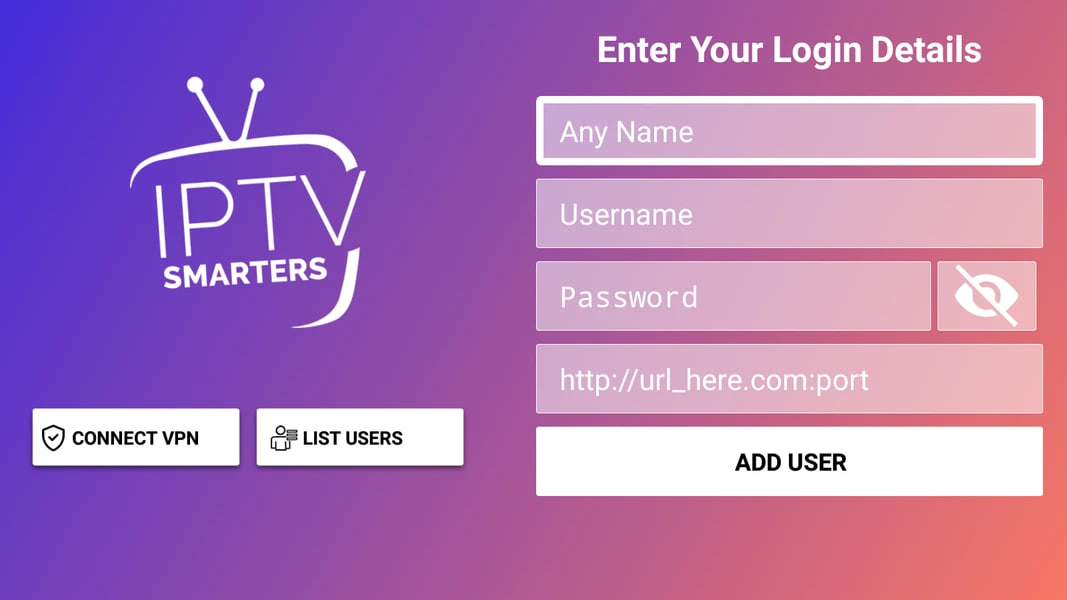 IPTV Smarters Pro login form — Enter Your Login Details screen