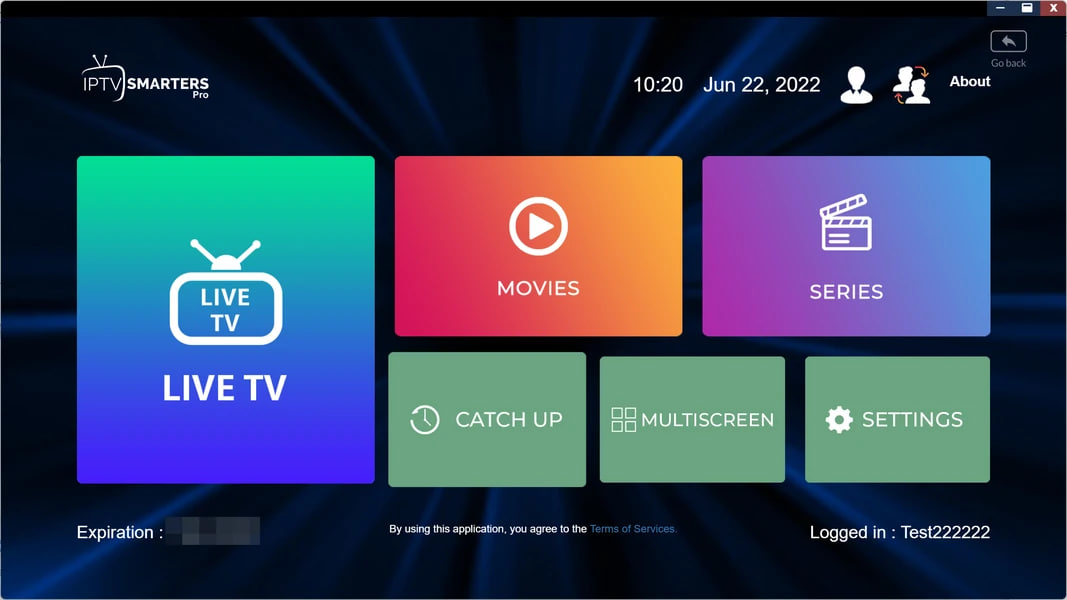IPTV Smarters Pro dashboard on Windows PC showing Live TV, Movies, Series tiles